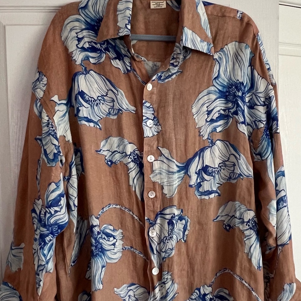 Taupe and blue floral linen cover up blouse